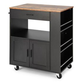 Rolling Kitchen Trolley with 3 Spice Racks Drawer and Open Shelf-Black