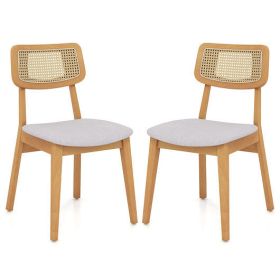 Rattan Dining Chair Set of 2 with Can Back and Rubber Wood Frame-Natural
