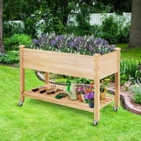 Wood Elevated Planter Bed with Lockable Wheels Shelf and Liner (Color: Natural)