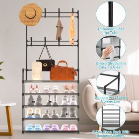 5-Tier Dustproof Entryway Hall Tree Coat Rack Shoe Rack With 8 Removable Hooks Freestanding Shoe Storage Shelf Hat Clothes Organizer For Front Door Be (Color: Black)