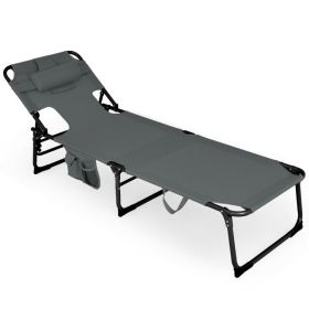 Folding Beach Lounge Chair with Pillow for Outdoor (Color: Gray)